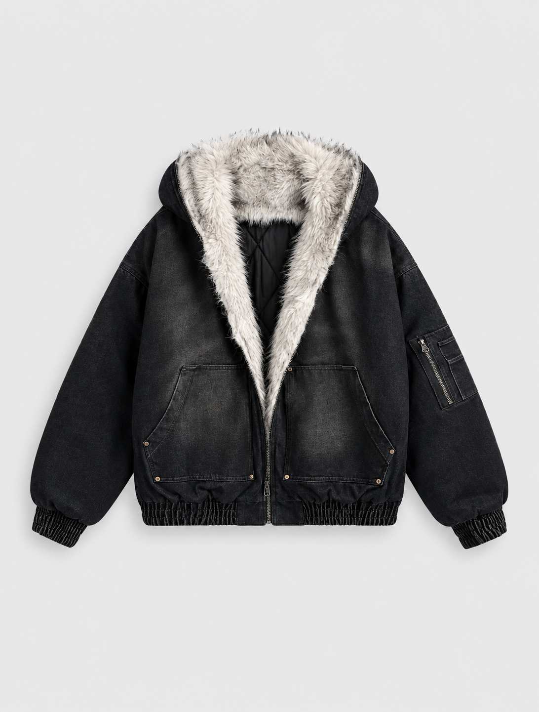 Fur Lined Acid Wash Bomber Jacket