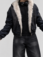 Fur Lined Acid Wash Bomber Jacket
